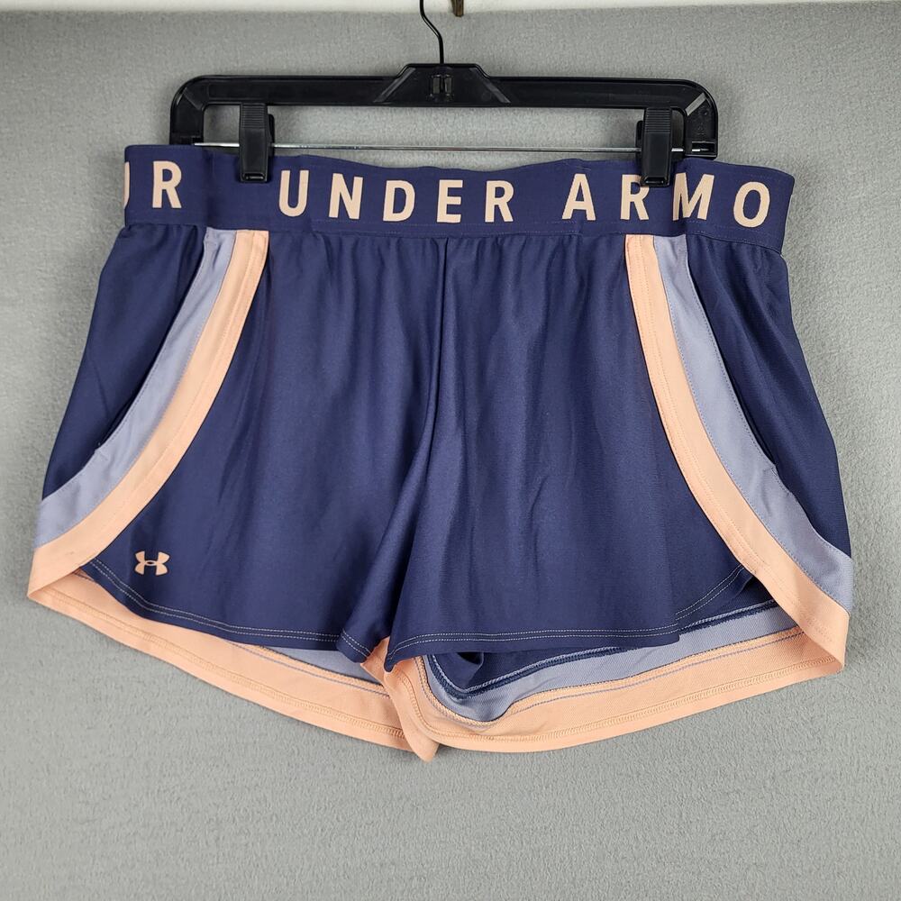 Under Armour Women's XL Wide Stripe Athletic Shorts Blue Pink Curved Hem Sporty